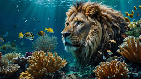 Lion swimming in the ocean. 3D rendering. Underwater world.の素材