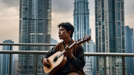 Young asian man playing acoustic guitar in the city with skyscrapersの素材
