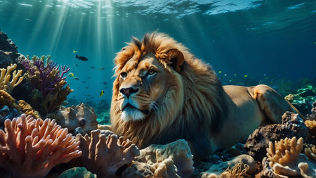 Lion in the Red Sea, Egypt. The lion is lying on the coral.の素材