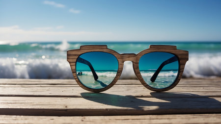 Sunglasses on a wooden table against the background of the seaの素材