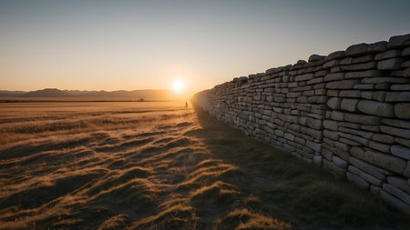 Sunset over a dry stone wall in the countryside of New Zealandの素材