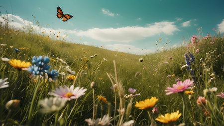Beautiful summer meadow with flowers and butterfly on sky background.の素材