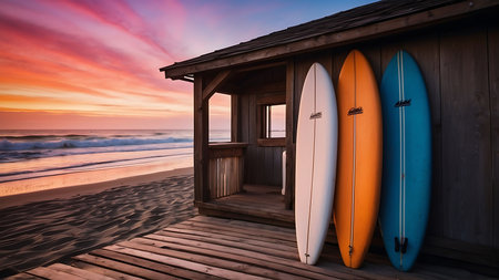 Surfboards on the beach at sunset, San Diego, Californiaの素材