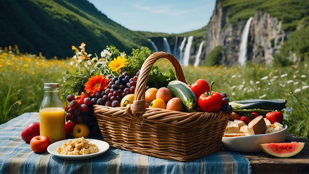Picnic basket with fruits and vegetables on the background of a waterfallの素材