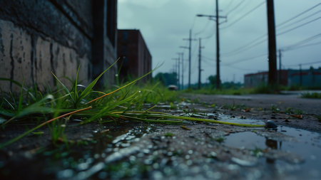 Raindrops on the asphalt in the city. Shallow depth of field.の素材