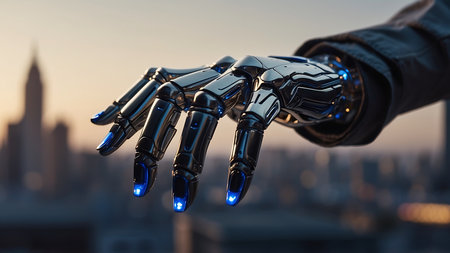 3d rendering robot hand in front of a city panorama backgroundの素材
