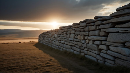Dry stone wall on the beach at sunset with a beautiful skyの素材