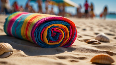 Colorful towels on the beach. Summer vacation concept. Selective focus.の素材