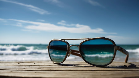 Sunglasses on a wooden table with sea and sky background.の素材