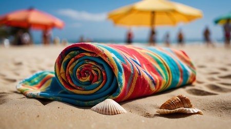 Colorful beach towel with seashells and umbrella on sandy beachの素材
