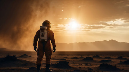 Astronaut in space suit and helmet looking at sunrise. 3D renderingの素材