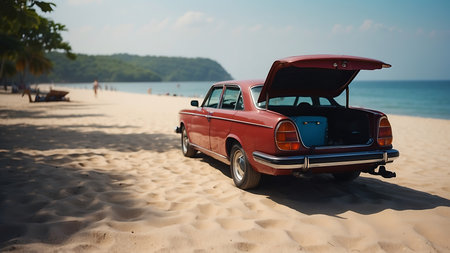Retro car on the beach. Retro car on the beach.の素材
