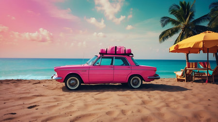 Vintage car on the beach with sunshade and umbrella.の素材