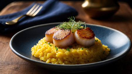 grilled scallops with yellow risotto on a wooden tableの素材