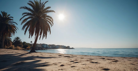 Palm trees on the beach in Ibiza, Balearic Islands, Spainの素材