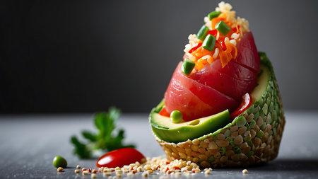 Avocado salad with salmon, tomatoes and sesame seeds on dark backgroundの素材
