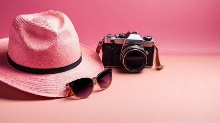 Vintage camera, sunglasses and hat on pink background. Travel conceptの素材