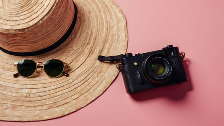 Straw hat, sunglasses and camera on pink background. Top viewの素材