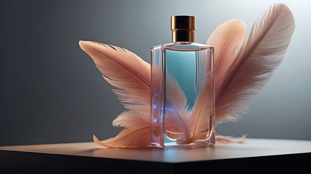Bottle of perfume with feathers on black background. 3d renderingの素材