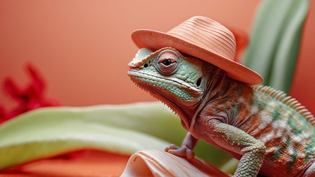 chameleon in hat on orange background, closeup of photoの素材