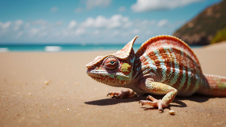 Colorful chameleon on the beach. Exotic nature background.の素材