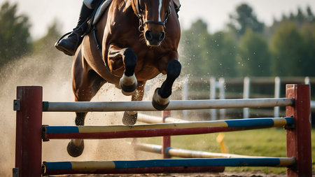 Horse jumping over obstacle in the jump. Close-up.の素材