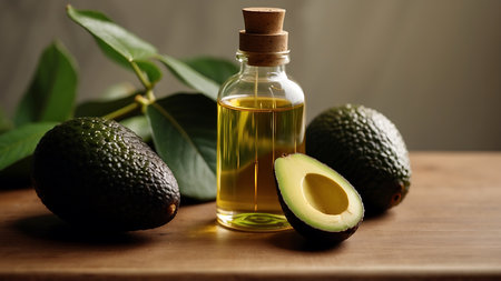 Avocado oil in a small bottle with fresh avocados on a wooden tableの素材