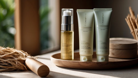 beauty treatment medical skincare and cosmetic lotion cream serum oil mockup bottle packaging product on table in bathroomの素材