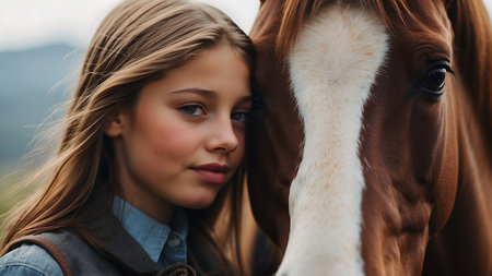 Portrait of a beautiful girl with a horse in the countryside.の素材