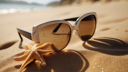 Sunglasses and starfish on the beach. Selective focus.の素材