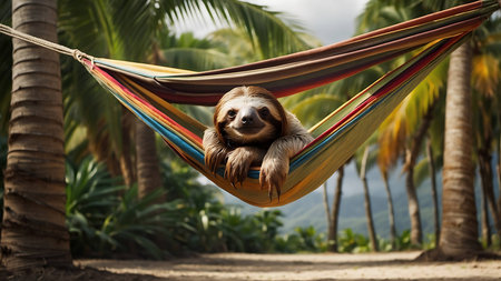 sloth hanging in hammock on the beach, summer vacation conceptの素材