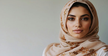 Close up portrait of beautiful muslim woman with hijab looking at cameraの素材