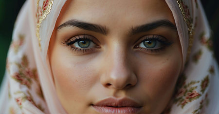 Close up portrait of beautiful muslim woman with green eyes and brown hair.の素材