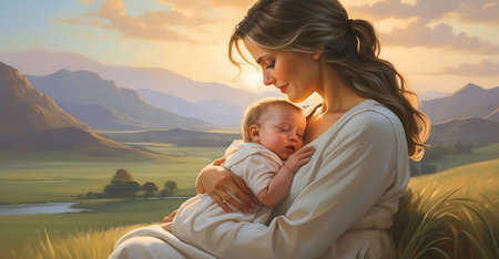 Mother with baby in the mountains at sunset. 3D rendering.の素材