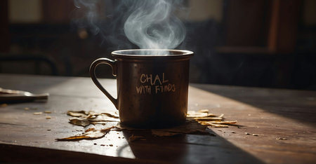Coffee cup on a wooden table with light coming through the windowの素材
