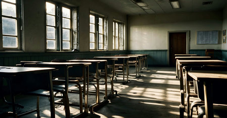 Interior of an old school classroom with empty desks and chairs.の素材