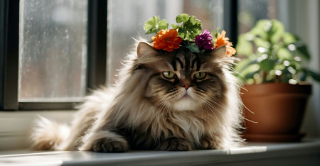 Beautiful siberian cat with flower wreath on window sillの素材