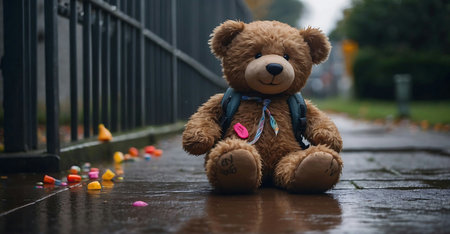 Teddy bear sitting in the rain with a sad expression on his faceの素材