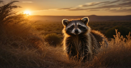 Raccoon at sunset in Kalahari desert, South Africaの素材