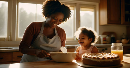 Happy african american mother and daughter having breakfast in the kitchenの素材