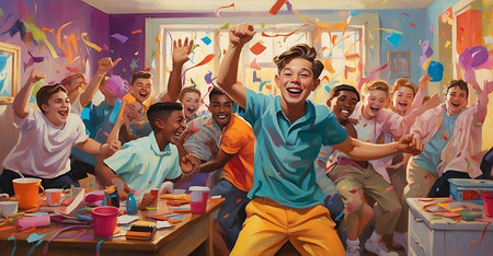 Happy group of children dancing and having fun in a room with colorful wallpapersの素材