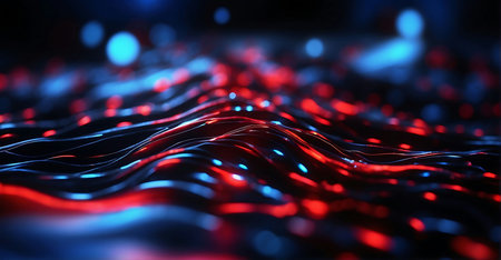 3d rendering of abstract wavy surface with red and blue lightsの素材