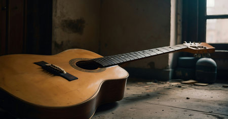 Guitar in the old room. Vintage style. Selective focus.の素材