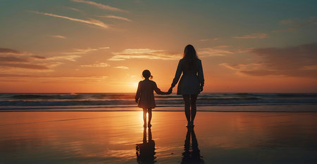 Silhouette of mother and daughter holding hands and walking on beach at sunsetの素材
