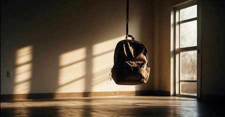 Backpack hanging on a rope in an empty room. 3d renderingの素材