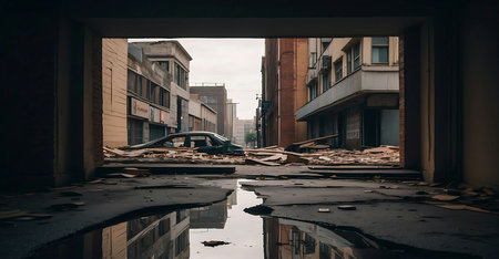 Abandoned buildings after a major earthquake in the city of London.の素材