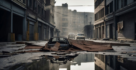 Abandoned car in the city. Conceptual image. 3d renderingの素材