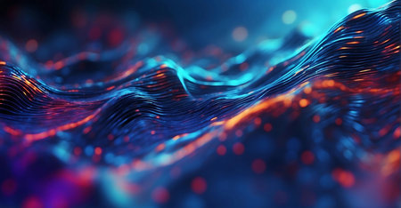 3d rendering of abstract particles in empty space. Futuristic wave with depth of field and bokeh.の素材