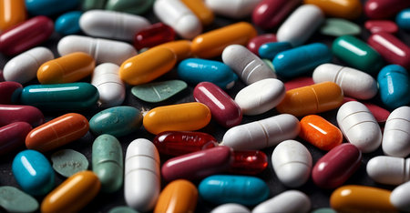 Close up of colorful pills on black background. Focus on foreground.の素材