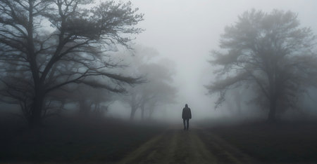 Silhouette of a man walking in the misty forest.の素材